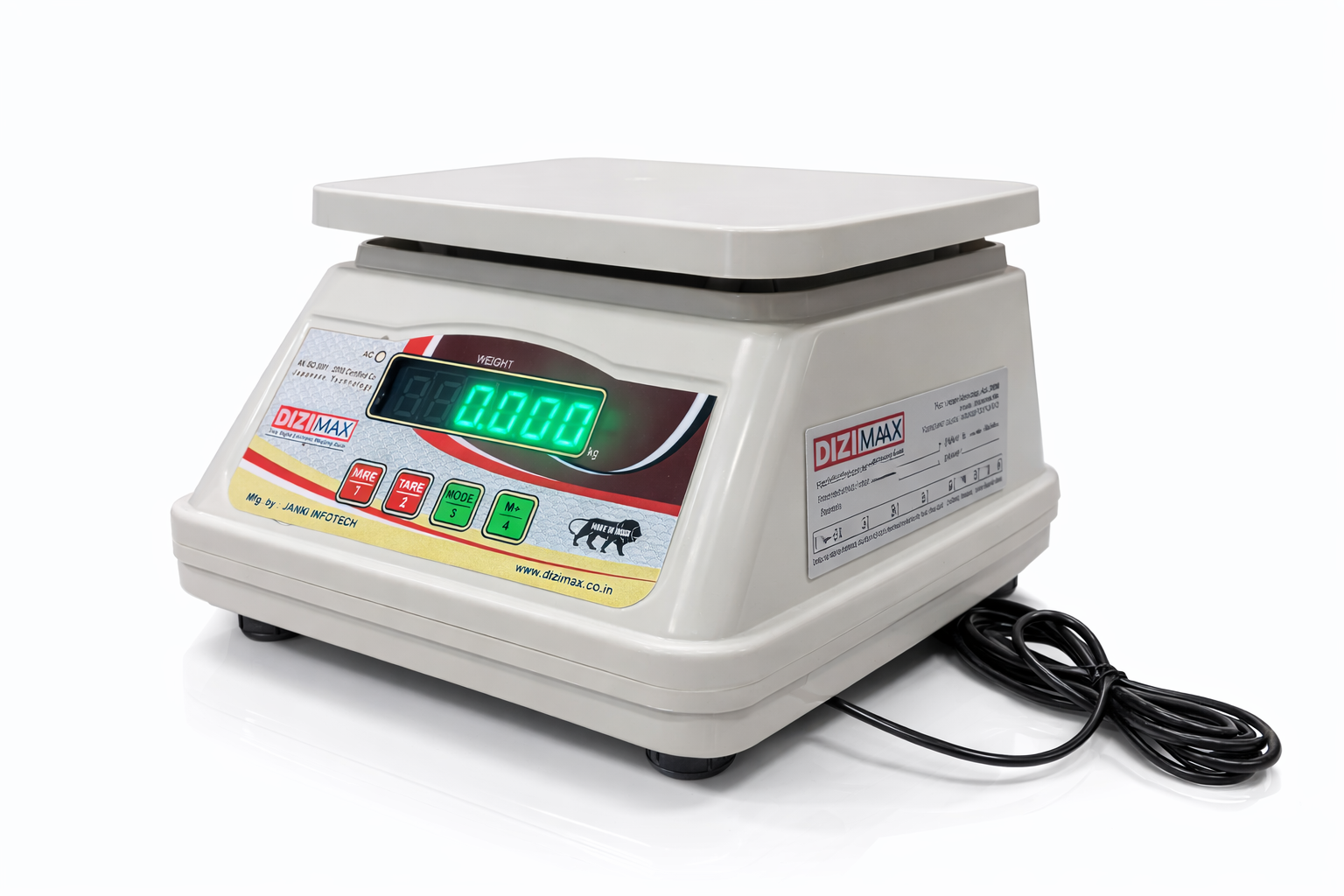 ChatGPT Image Feb 28, 2026, 02_01_58 PM DIZIMAX ZIT 20AFR Nano 20kg x 2g Digital Table Top Weighing Scale with Front and Back GREEN Double Display, ABS Pan, 175mmX225mm (Off-White)